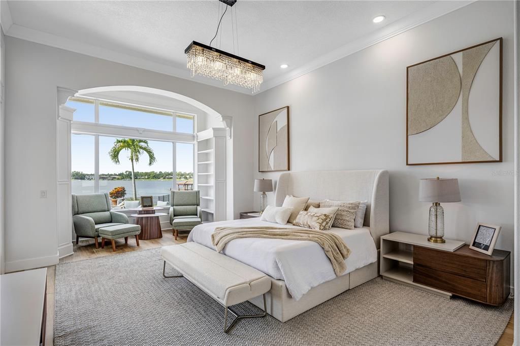 Bedroom, Chandelier, Interior, Recessed Lighting, Water, Wood Texture Flooring