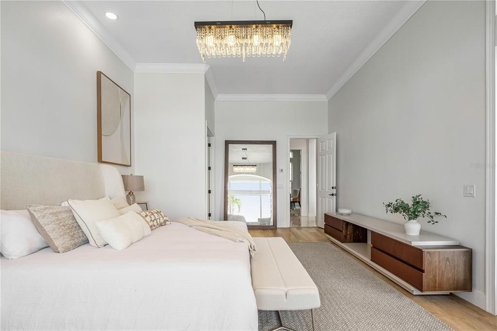 Bedroom, Chandelier, Interior, Recessed Lighting, Wood Texture Flooring