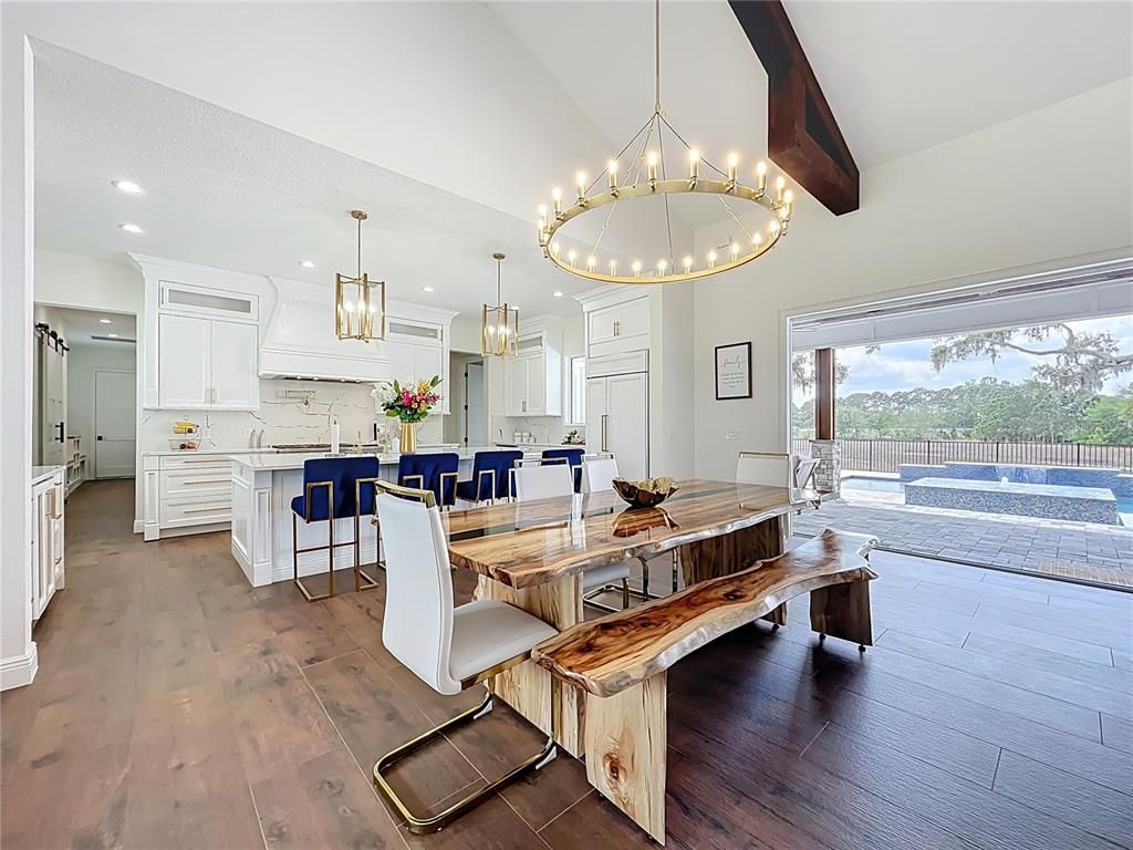 Chandelier, Dining room, Interior, Kitchen, Pendant Lights, Recessed Lighting, Wood Texture Flooring