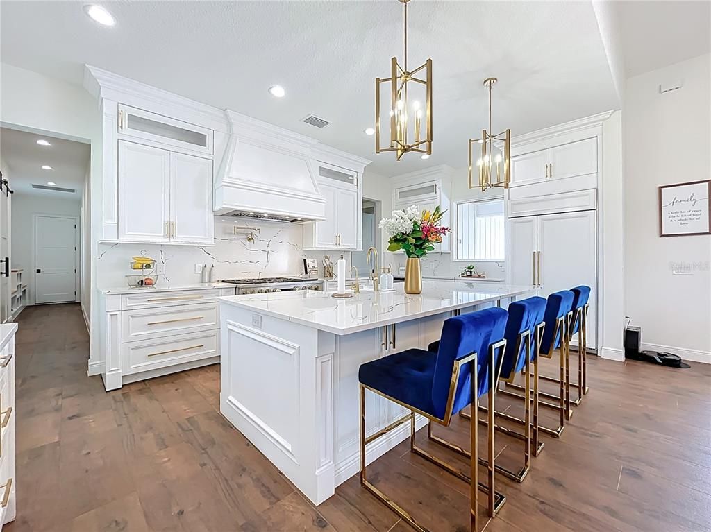 Interior, Kitchen, Marble Walls, Pendant Lights, Recessed Lighting, Wood Texture Flooring