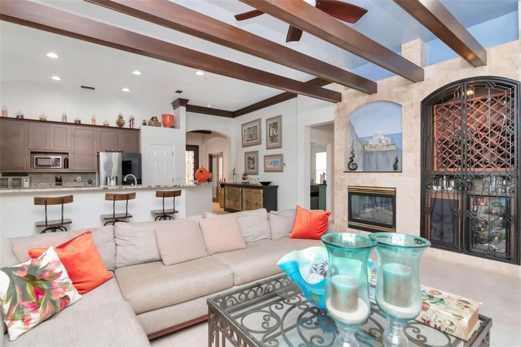 Fireplace, Interior, Kitchen, Living room, Recessed Lighting