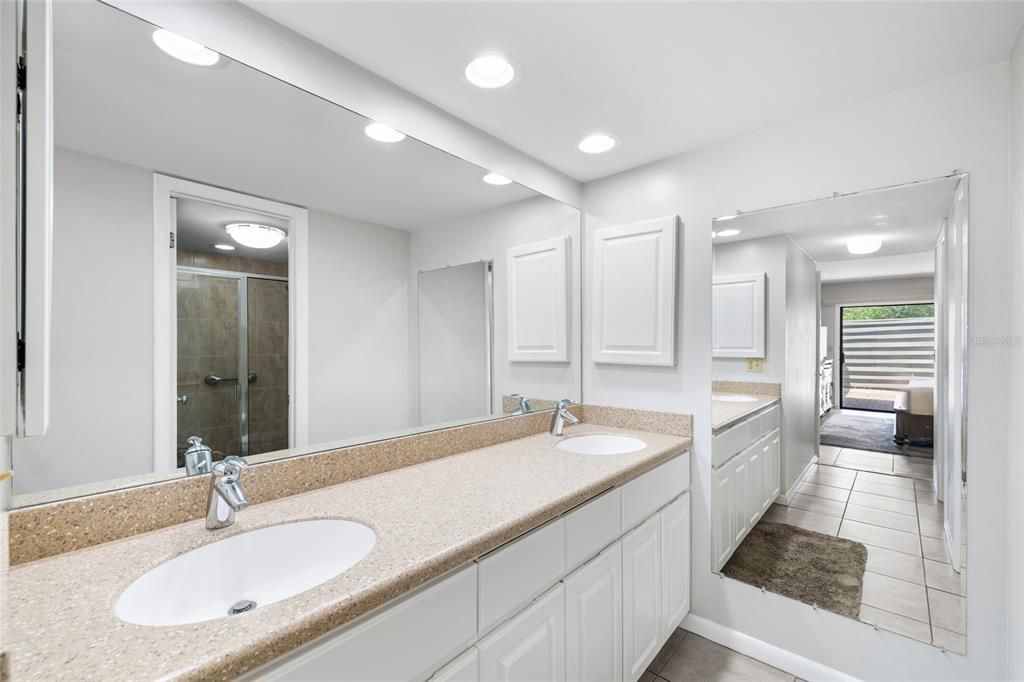 Bathroom, Dual Sink Vanities, Glass Shower, Interior, Recessed Lighting