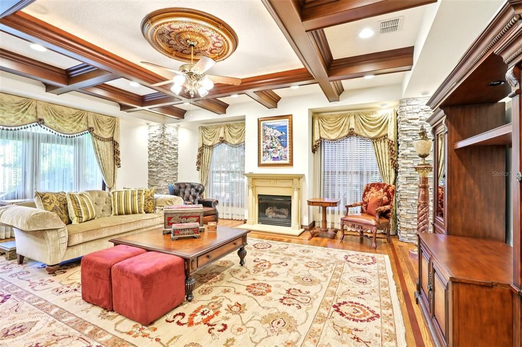 Fireplace, Interior, Living room, Recessed Lighting, Wooden Beams, Wood Texture Flooring