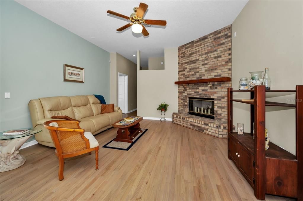 Fireplace, Interior, Living room, Stone Walls, Wood Texture Flooring