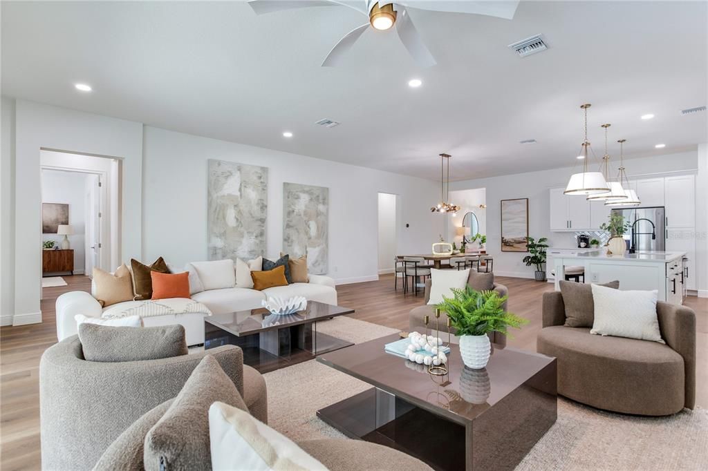 Dining room, Interior, Kitchen, Living room, Pendant Lights, Recessed Lighting, Wood Texture Flooring