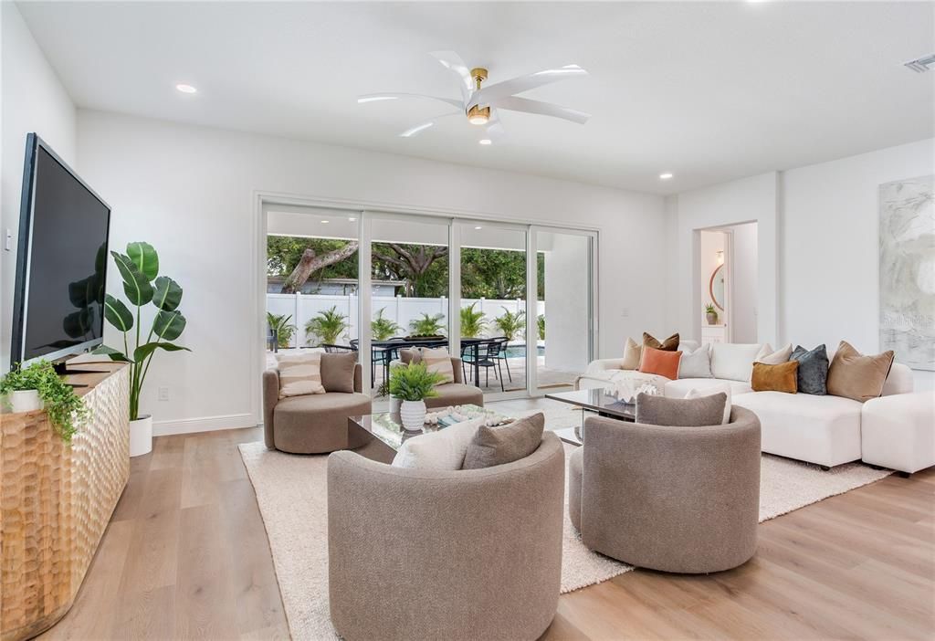 Interior, Living room, Recessed Lighting, Wood Texture Flooring