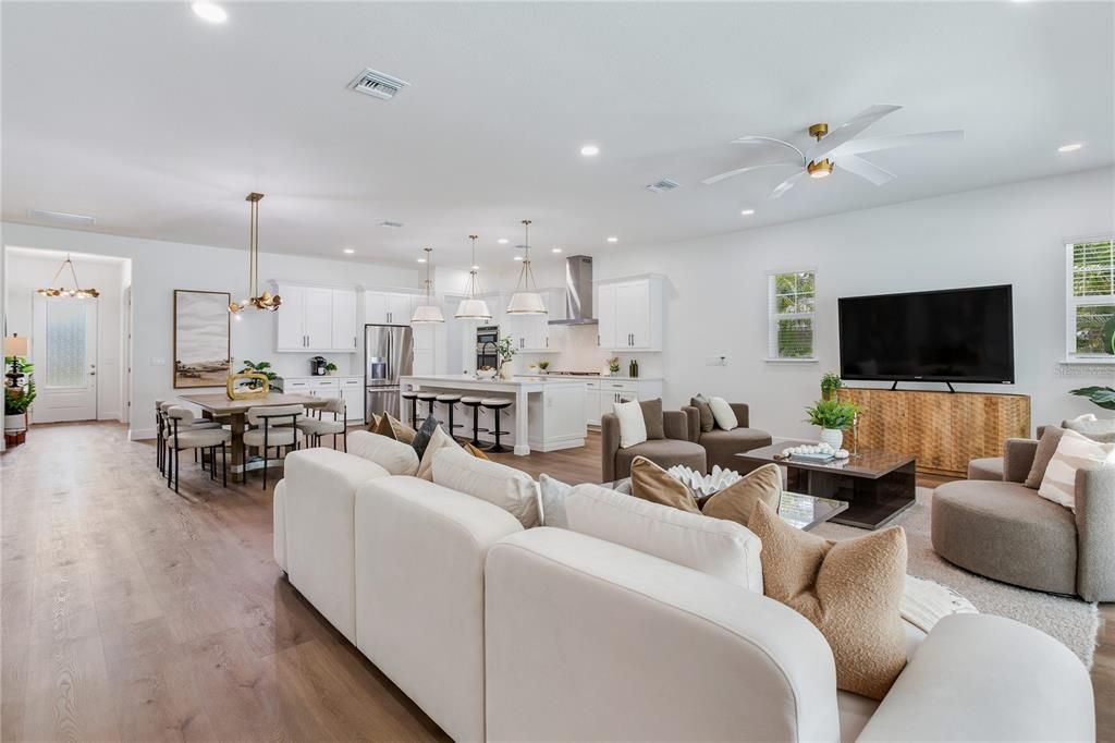 Dining room, Interior, Kitchen, Living room, Pendant Lights, Recessed Lighting, Stainless Steel Appliances, Wood Texture Flooring