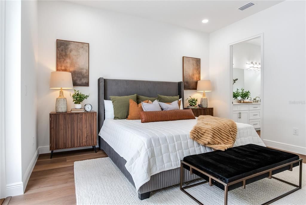 Bedroom, Interior, Recessed Lighting, Wood Texture Flooring