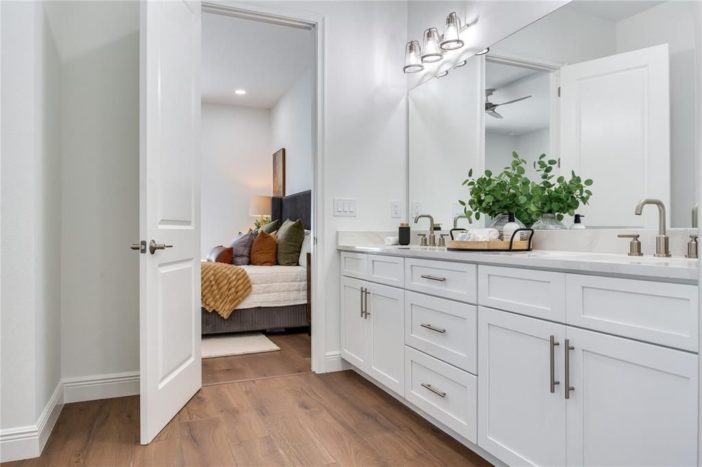 Bathroom, Bedroom, Dual Sink Vanities, Interior, Recessed Lighting, Wood Texture Flooring