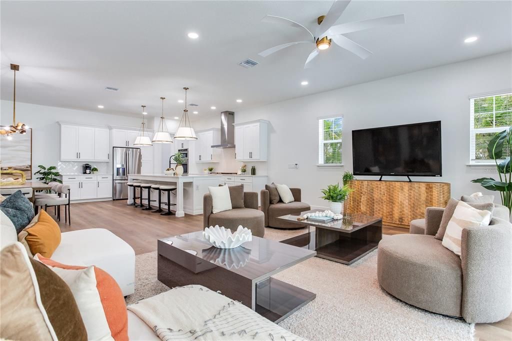 Interior, Kitchen, Living room, Pendant Lights, Recessed Lighting, Stainless Steel Appliances, Wood Texture Flooring