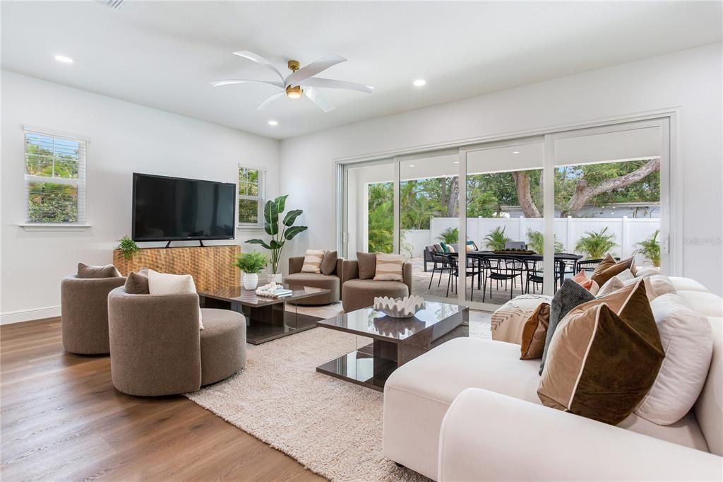 Dining room, Interior, Living room, Recessed Lighting, Wood Texture Flooring
