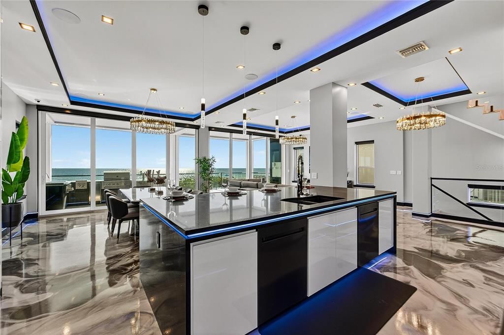 Chandelier, Dining room, Interior, Kitchen, Marble, Pendant Lights, Recessed Lighting, Water