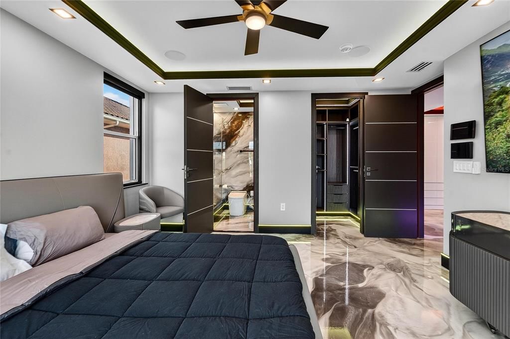 Bedroom, Interior, Marble, Recessed Lighting