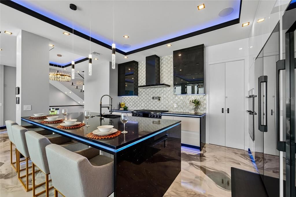 Interior, Kitchen, Marble, Pendant Lights, Recessed Lighting, Stainless Steel Appliances