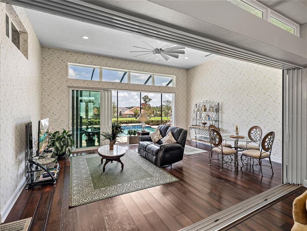 Dining room, Interior, Living room, Recessed Lighting, Wood Texture Flooring