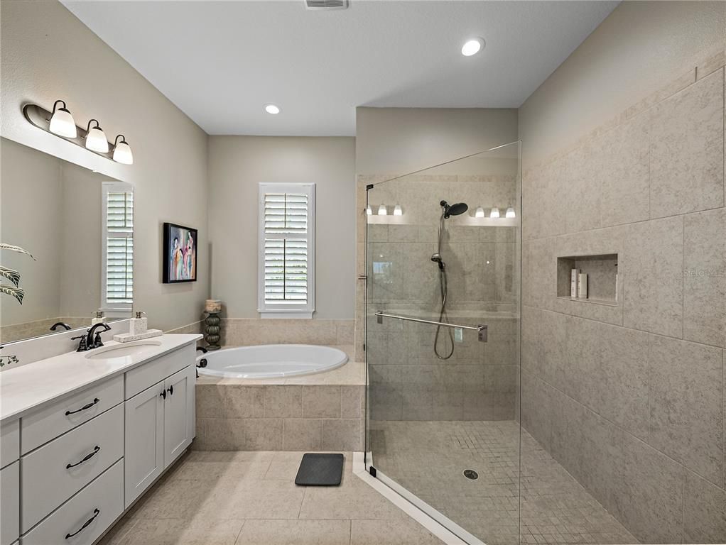 Bathroom, Dual Sink Vanities, Glass Shower, Interior, Recessed Lighting