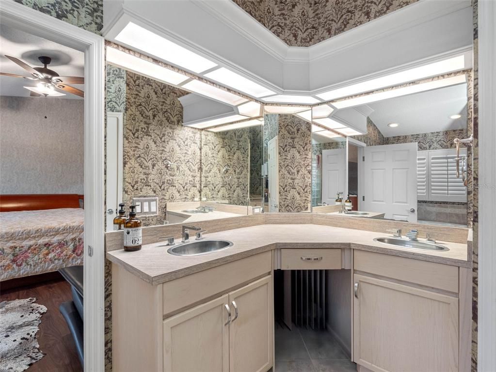 Bathroom, Dual Sink Vanities, Interior, Recessed Lighting, Wood Texture Flooring