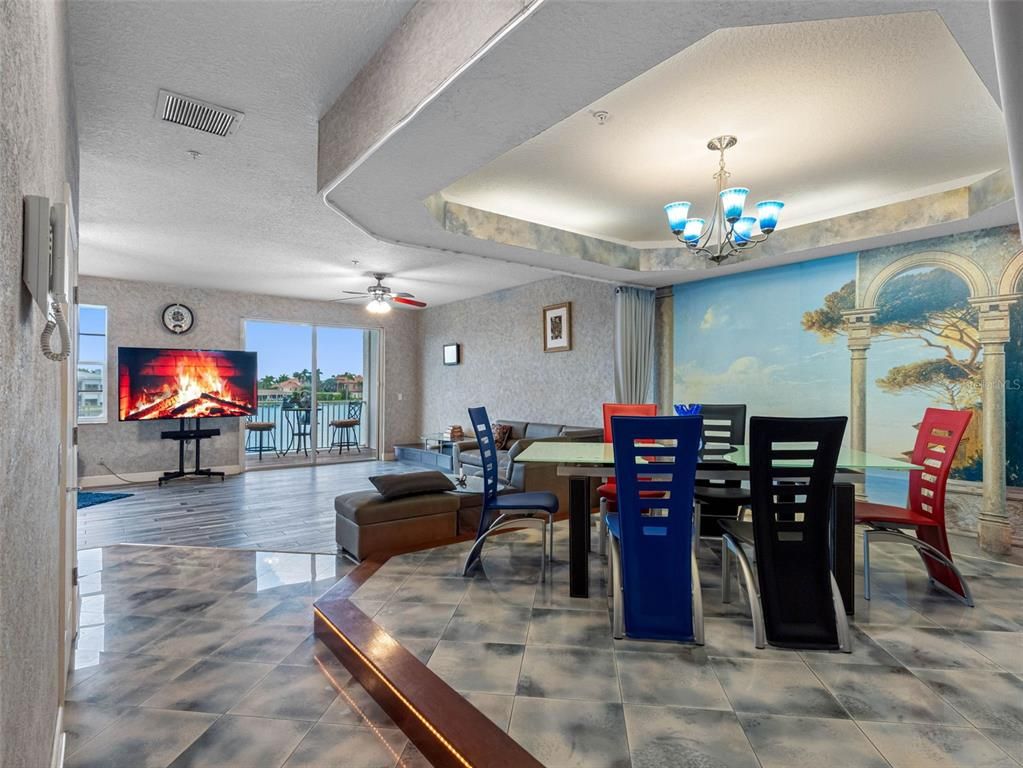 Chandelier, Dining room, Fireplace, Interior