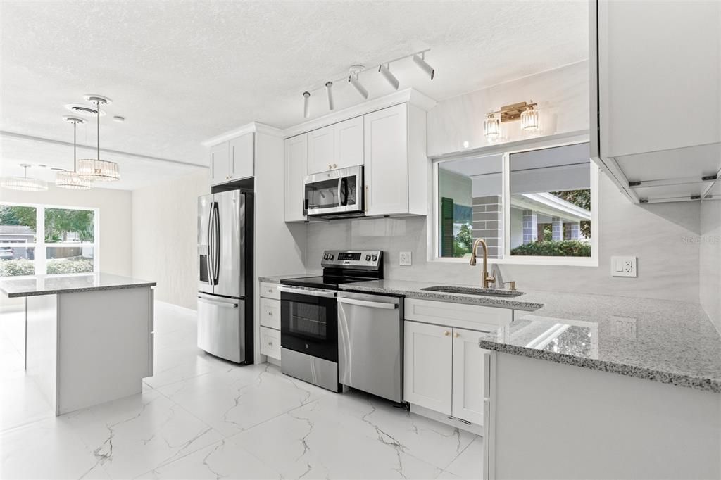Interior, Kitchen, Marble, Pendant Lights, Stainless Steel Appliances