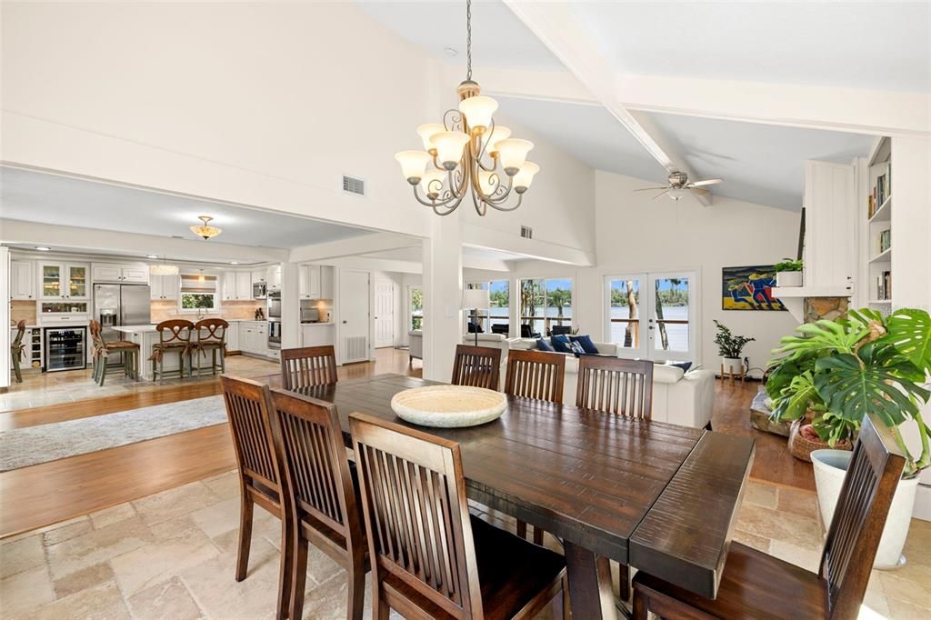 Chandelier, Dining room, Interior, Kitchen, Living room, Stainless Steel Appliances, Wood Texture Flooring
