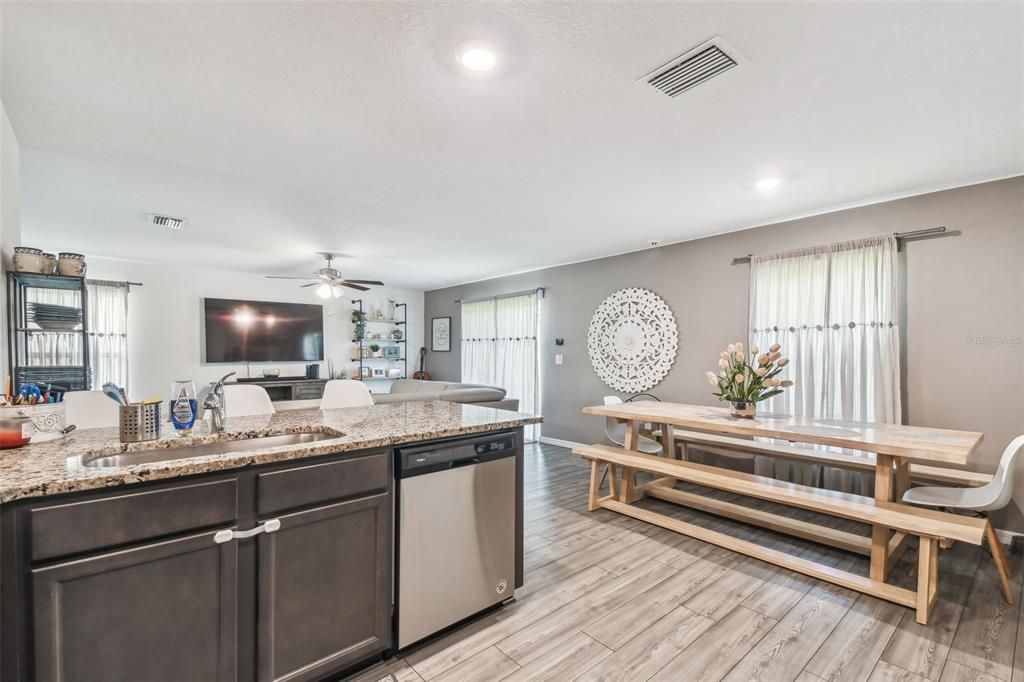 Dining room, Interior, Kitchen, Recessed Lighting, Wood Texture Flooring