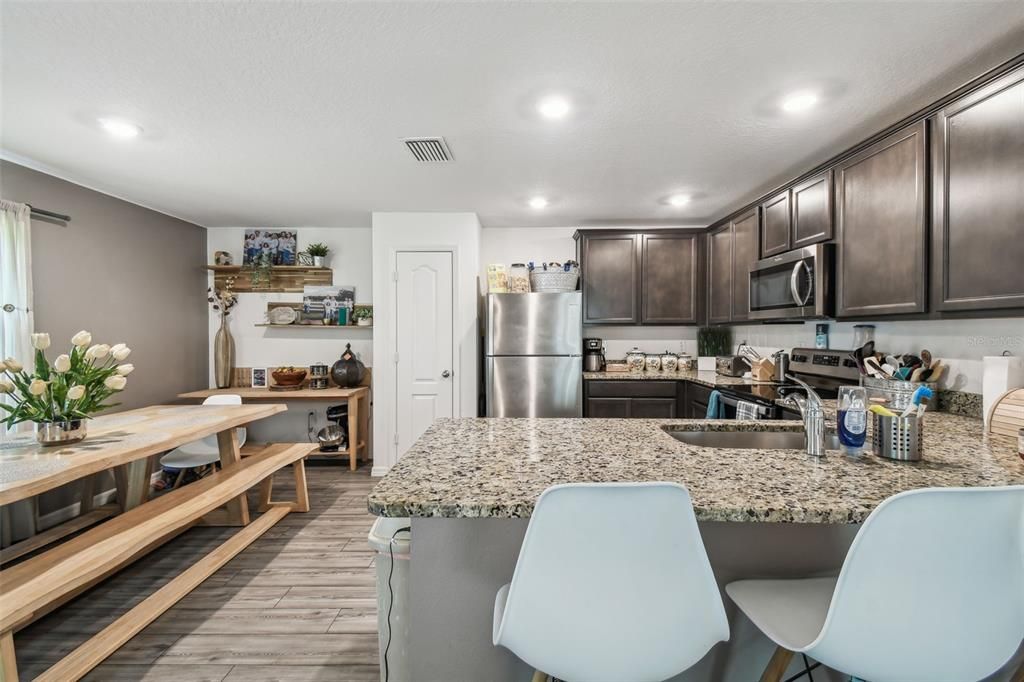Dining room, Interior, Kitchen, Recessed Lighting, Wood Texture Flooring