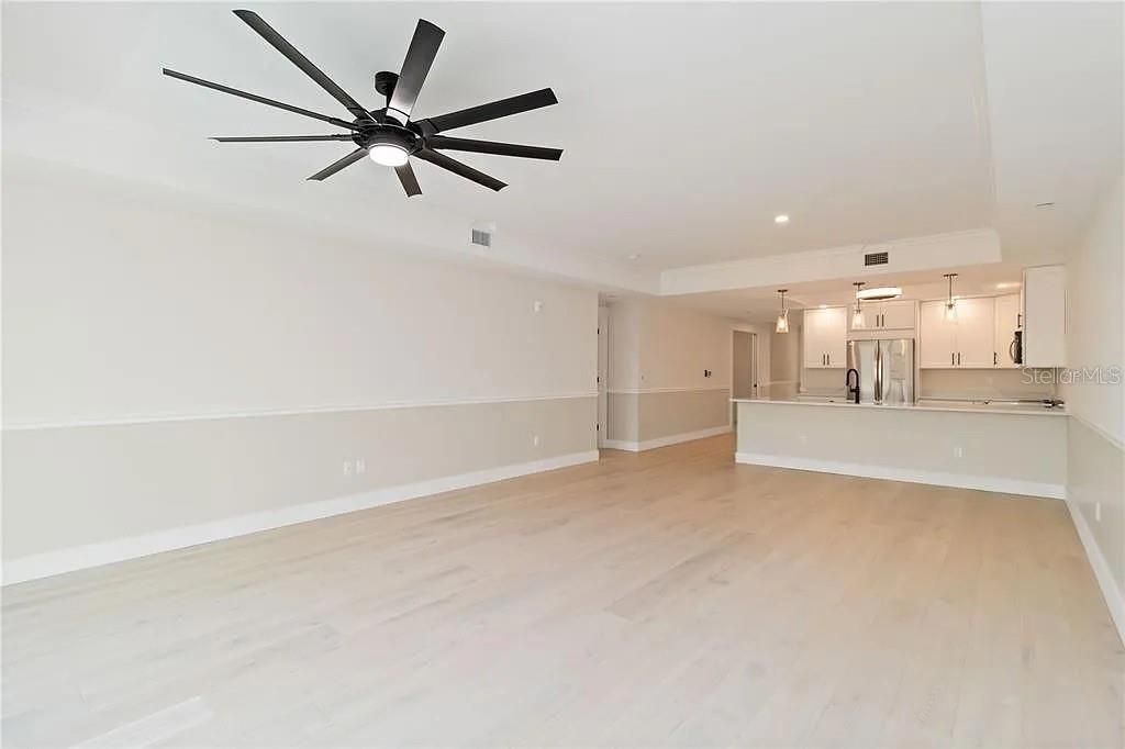 Empty room, Interior, Kitchen, Recessed Lighting, Wood Texture Flooring
