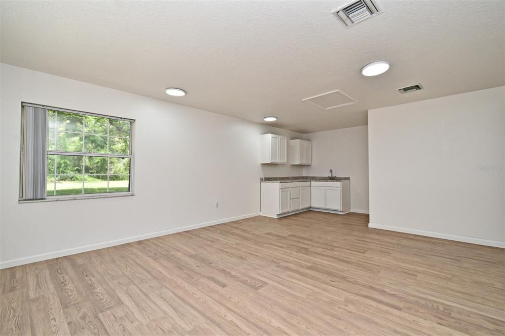 Empty room, Interior, Kitchen, Recessed Lighting, Wood Texture Flooring