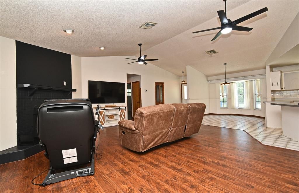 Fireplace, Interior, Living room, Pendant Lights, Wood Texture Flooring