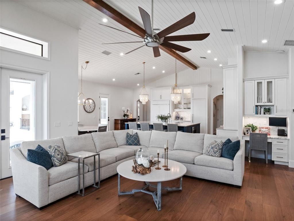 Dining room, Interior, Kitchen, Living room, Pendant Lights, Recessed Lighting, Wood Texture Flooring