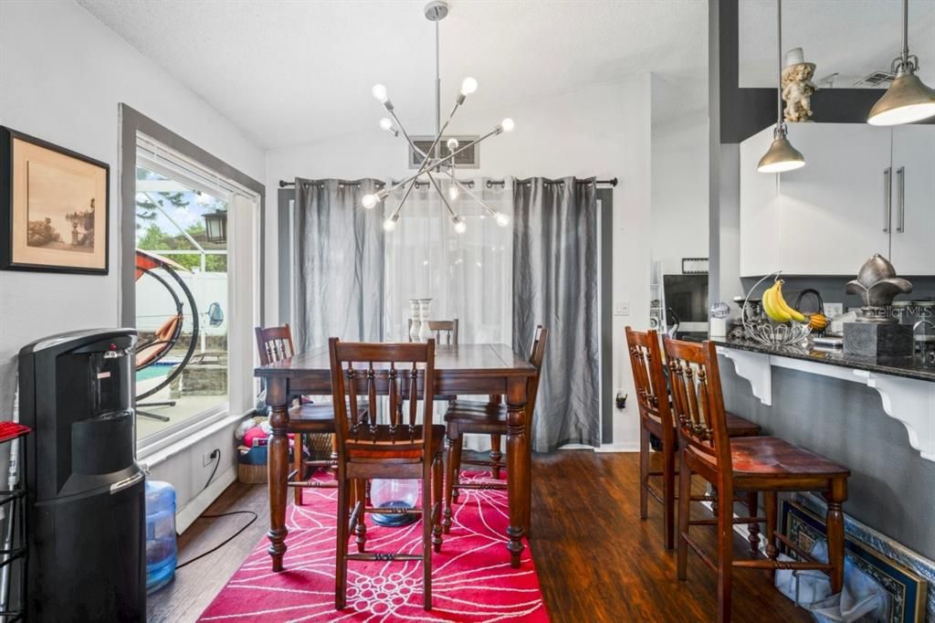 Dining room, Interior, Pendant Lights, Wood Texture Flooring