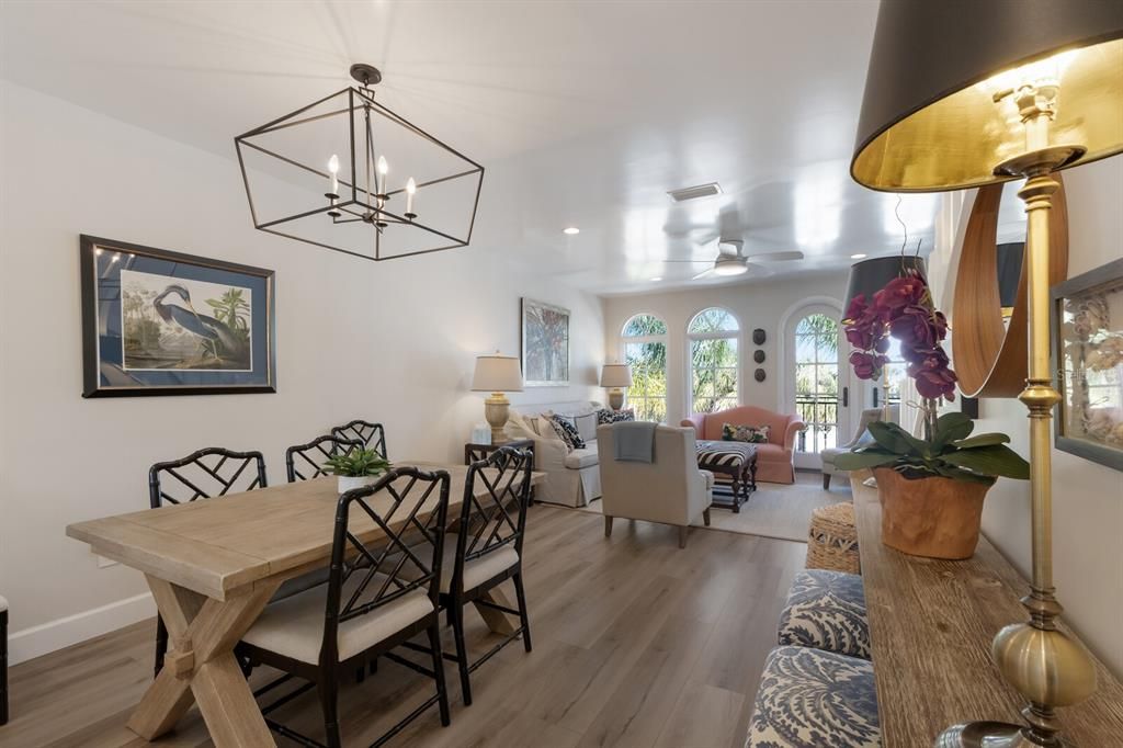 Dining room, Interior, Living room, Pendant Lights, Recessed Lighting, Wood Texture Flooring