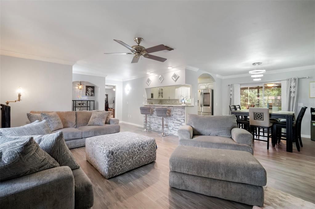Dining room, Interior, Kitchen, Living room, Pendant Lights, Stainless Steel Appliances, Wood Texture Flooring