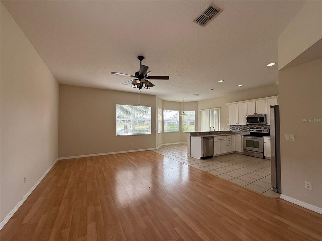 Empty room, Interior, Kitchen, Recessed Lighting, Wood Texture Flooring