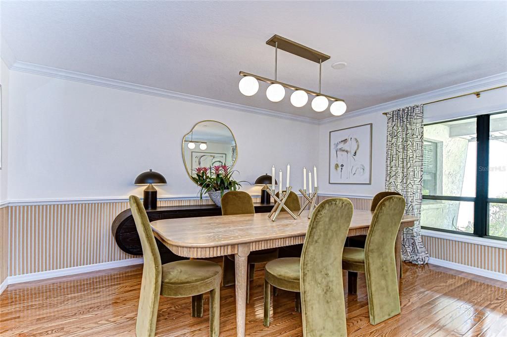 Dining room, Interior, Pendant Lights, Wood Texture Flooring