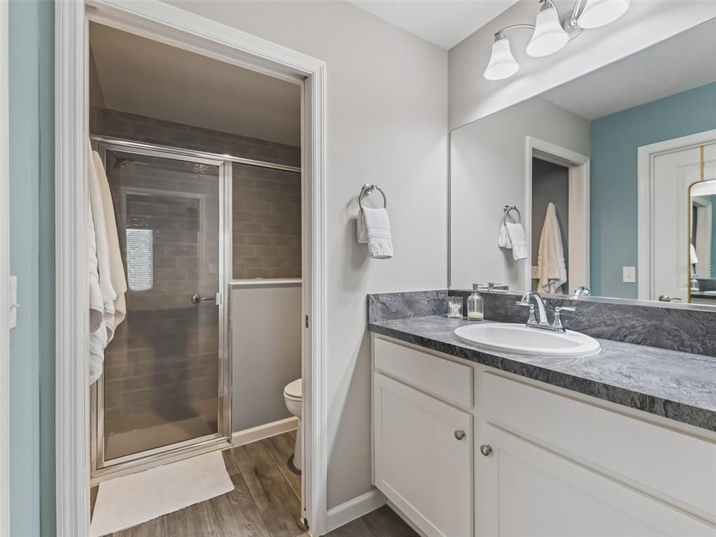 Bathroom, Glass Shower, Interior, Wood Texture Flooring