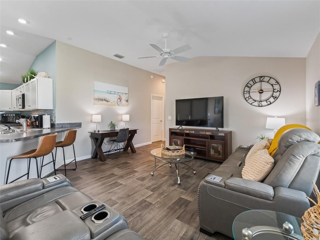 Home Theatre Room, Interior, Kitchen, Living room, Recessed Lighting, Wood Texture Flooring