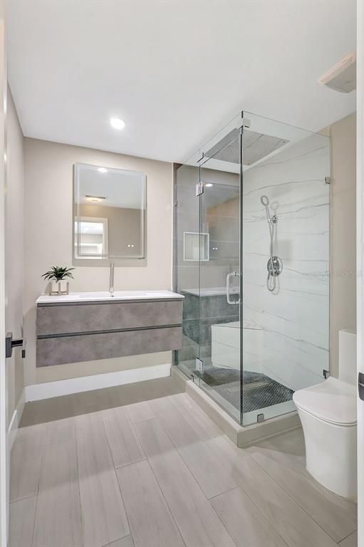 Bathroom, Glass Shower, Interior, Marble Walls, Recessed Lighting