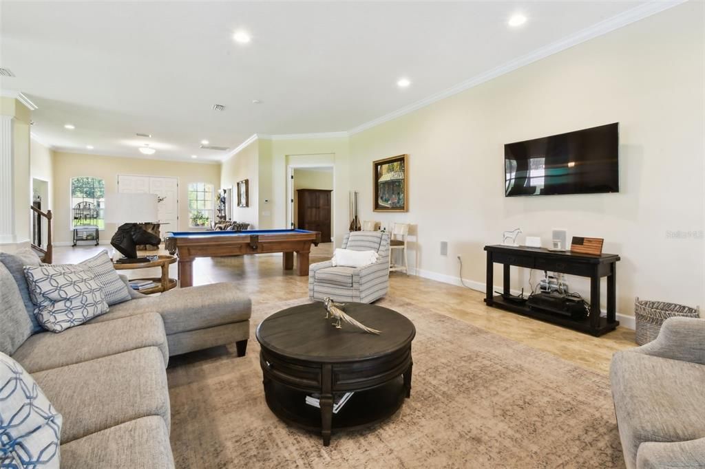 Billiard Table, Game Room, Interior, Living room, Recessed Lighting, Wood Texture Flooring