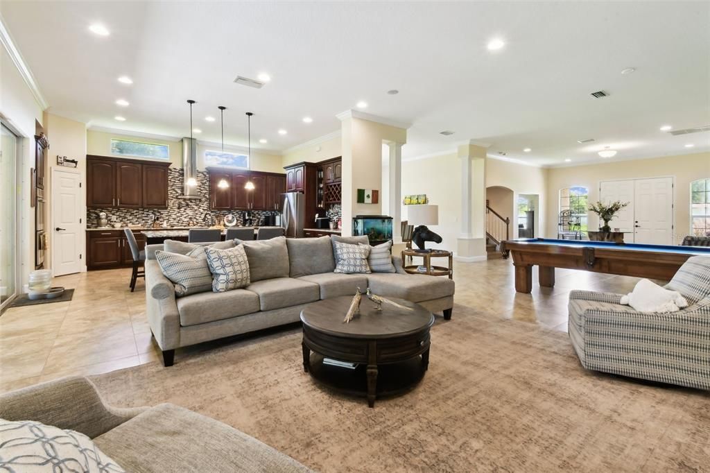 Billiard Table, Game Room, Interior, Kitchen, Living room, Pendant Lights, Recessed Lighting, Stainless Steel Appliances