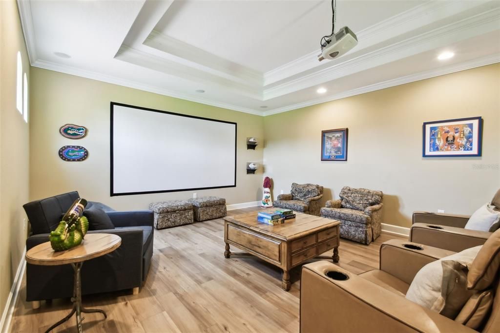 Interior, Living room, Projection Screen, Recessed Lighting, Theatre Room, Wood Texture Flooring