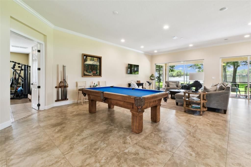 Billiard Table, Fitness Equipment, Game Room, Interior, Living room, Recessed Lighting
