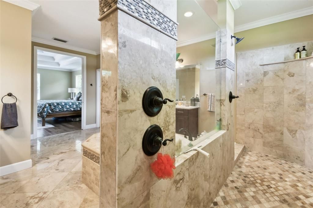 Bathroom, Bedroom, Glass Shower, Interior, Recessed Lighting, Wood Texture Flooring