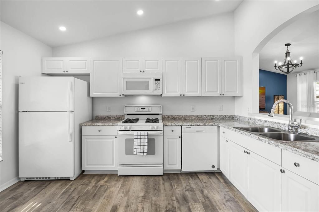 Chandelier, Interior, Kitchen, Recessed Lighting, Wood Texture Flooring