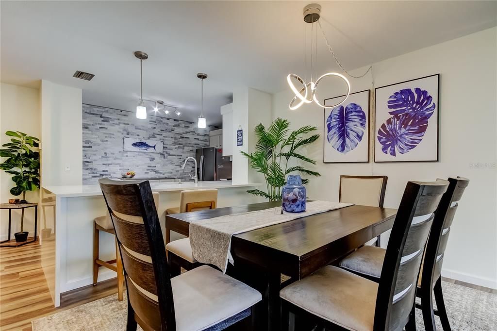 Dining room, Interior, Pendant Lights, Wood Texture Flooring
