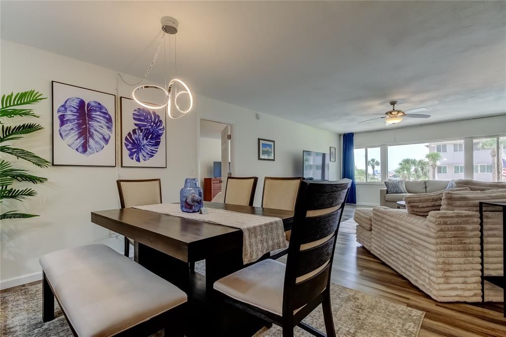 Dining room, Interior, Living room, Pendant Lights, Wood Texture Flooring