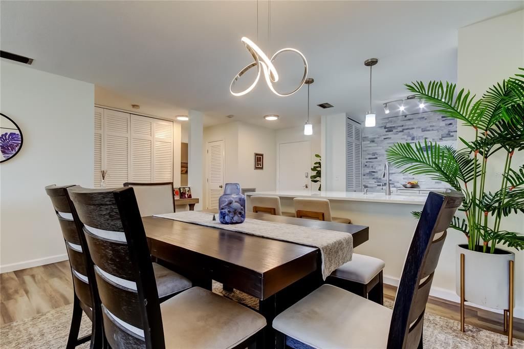 Dining room, Interior, Pendant Lights, Recessed Lighting, Wood Texture Flooring