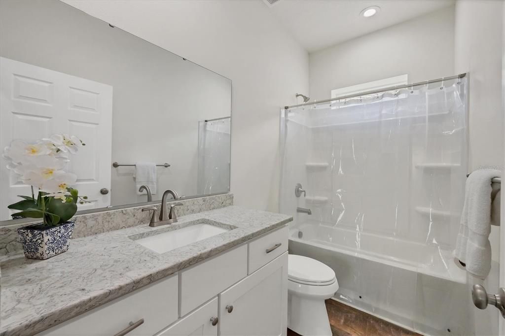 Bathroom, Glass Shower, Interior, Recessed Lighting, Wood Texture Flooring