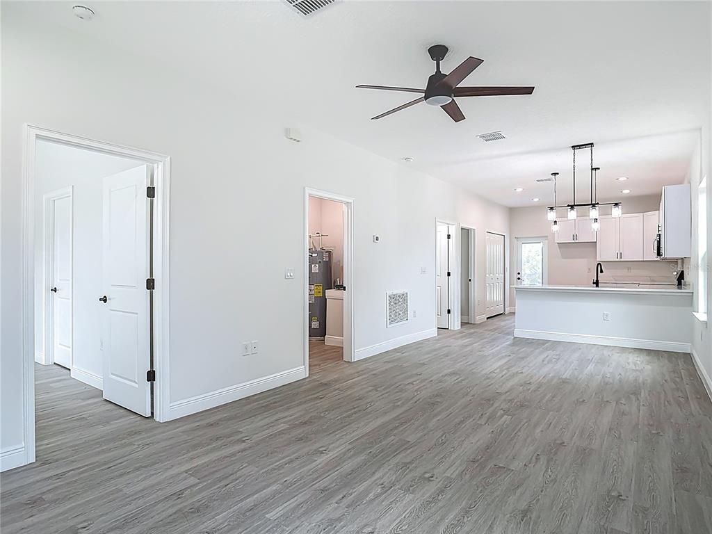 Empty room, Interior, Kitchen, Pendant Lights, Recessed Lighting, Wood Texture Flooring