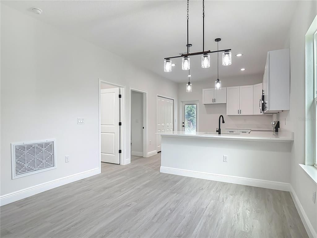 Interior, Kitchen, Pendant Lights, Recessed Lighting, Wood Texture Flooring